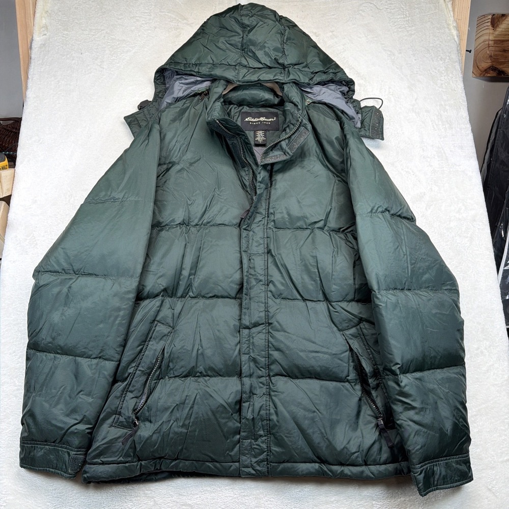 Eddie Bauer Goose Down Puffer Jacket Mens Large Tall Green 600 Fill Hooded